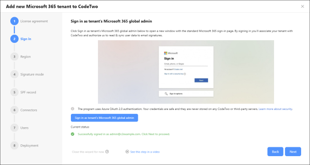 Sign in as Microsoft 365 global admin to associate your tenant with CodeTwo.