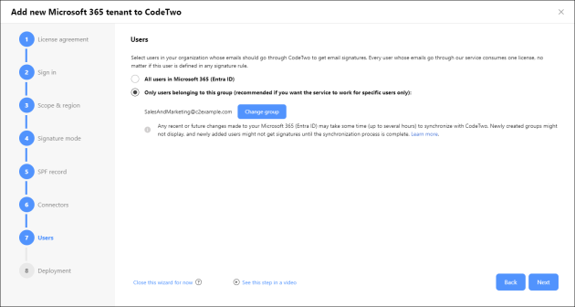 Configuring the scope of senders whose emails should go through CodeTwo to get cloud signatures.