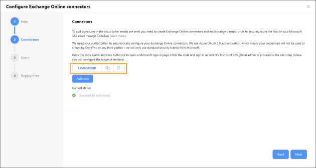 Authorization code in the configuration wizard.