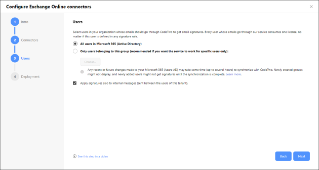 Configuring the scope of users whose emails will be routed through the CodeTwo service.