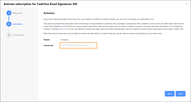 Activating the subscription for CodeTwo Email Signatures 365.
