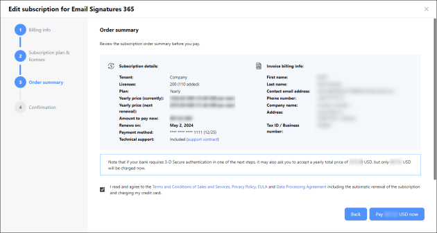 Reviewing the subscription order summary.