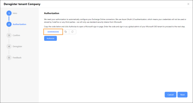 The authorization code in the tenant deregistration wizard.