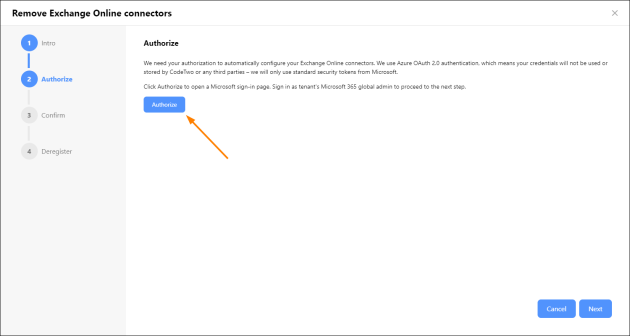 We need your authorization to automatically remove Exchange Online connectors added by CodeTwo.