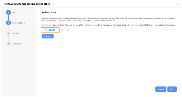 The authorization code in the Exchange Online connectors removal wizard.
