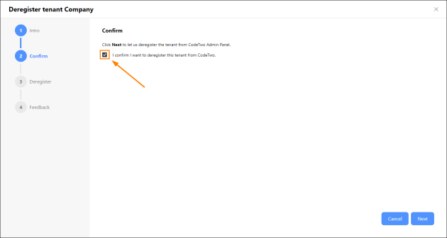 Confirming tenant deregistration (Outlook mode).