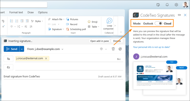 The toggle button allows users to switch between cloud (server-side) and Outlook (client-side) signatures.