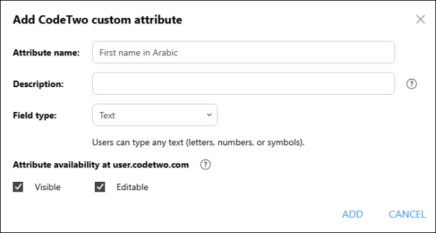 A sample CodeTwo custom attribute that will store users’ first names in Arabic.