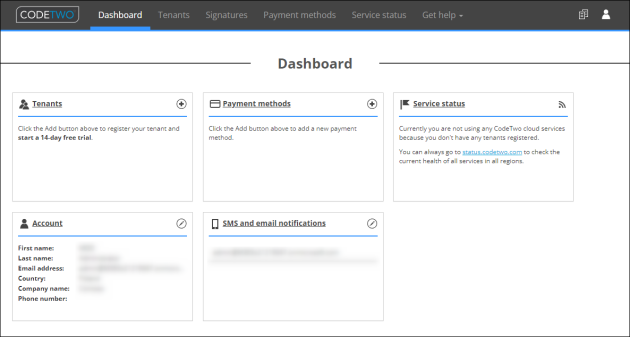 CodeTwo Admin Panel - Dashboard view.