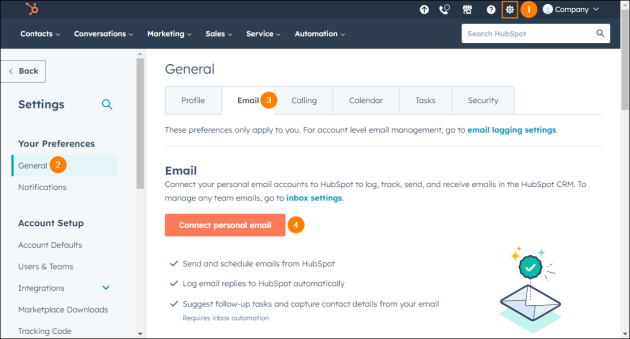 Launching the wizard to connect your Microsoft 365 mailbox to HubSpot.