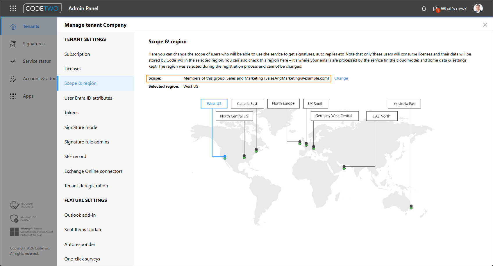 The scope of users who can benefit from the CodeTwo service (in this example, the scope is limited to a group).