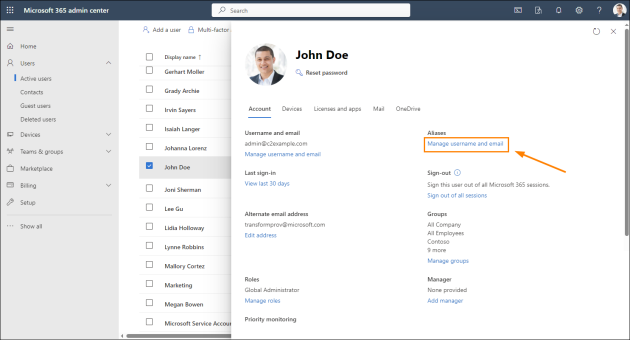 Accessing username and email management options in the Microsoft 365 admin center.