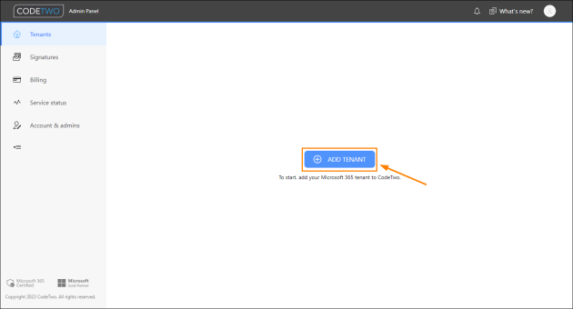 Registering a new Microsoft 365 tenant to CodeTwo Admin Panel. 