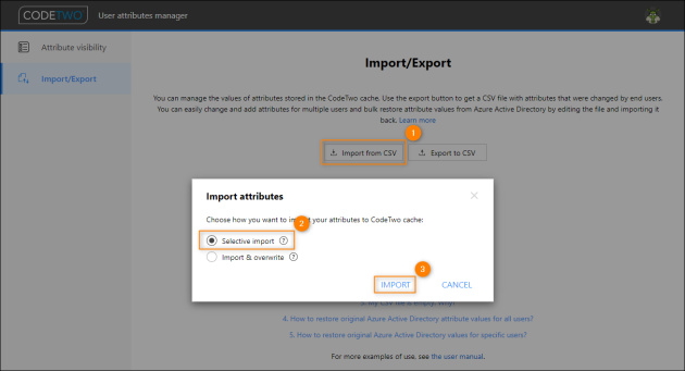 Importing the updated CSV file into the User attributes manager.
