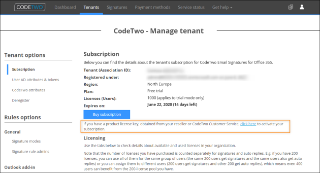 Accessing the subscription activation wizard.