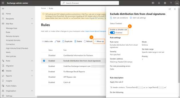 Enabling the rule and setting its priority.