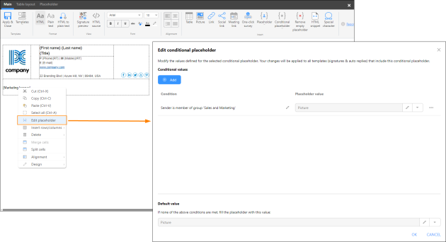 Editing a conditional placeholder by using the Edit placeholder option from the shortcut menu.