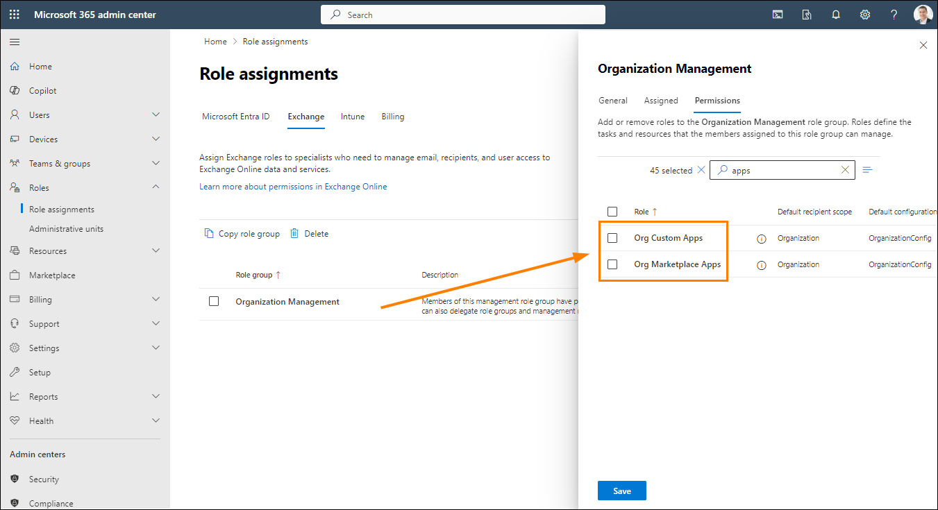 Removing permissions from the Organization Management role group in the Microsoft 365 admin center.