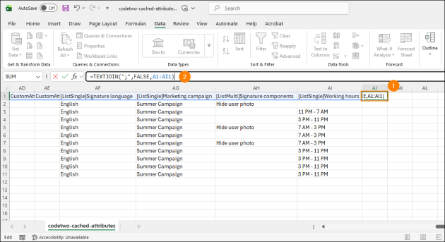 Entering the TEXTJOIN formula joins the values in the first row of the CSV file.