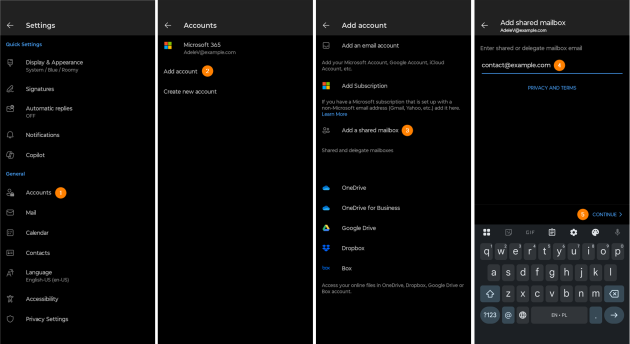 Adding a shared mailbox to Outlook for Android.