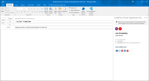 The server preview of your signature is displayed next to the reading pane.