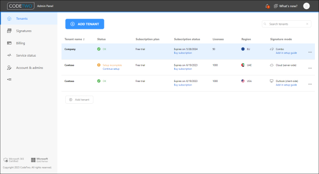 Accessing your tenant’s settings in CodeTwo Admin Panel.