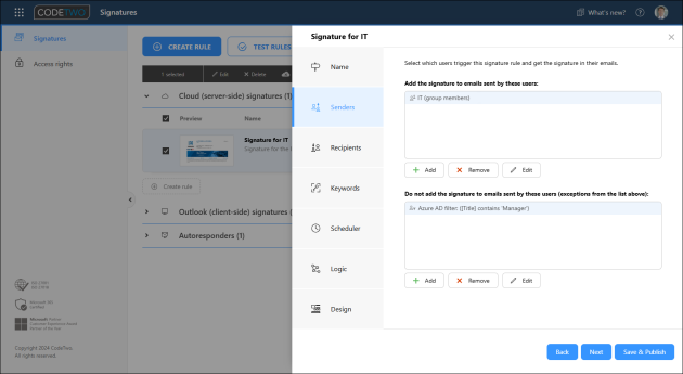 The Senders step with 1 condition and 1 exception configured.