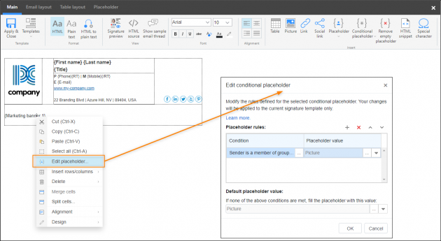 Editing a conditional placeholder by using the Edit placeholder option from the shortcut menu.