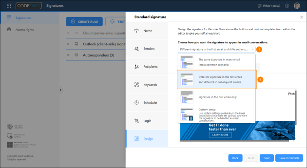 Selecting the signature adding method in the Design step.