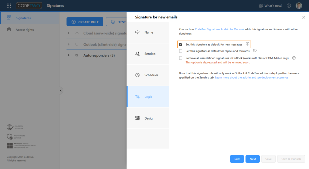 Selecting the signature rule as default for new emails.