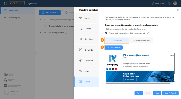 Opening the signature template editor to create a signature template for new emails.
