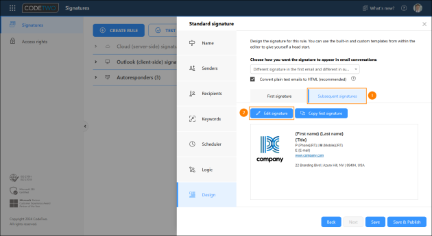 Opening the signature template editor to create a signature template for replies and forwards.