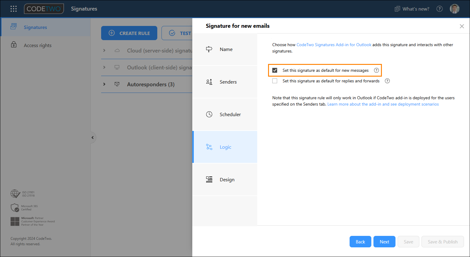 Selecting the signature rule as default for new emails.