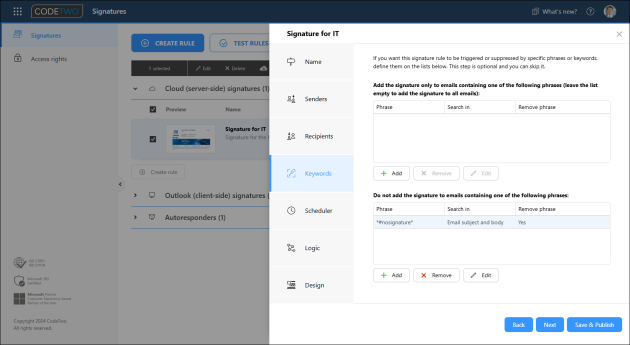 The Keywords step available for cloud (server-side) signature rules.