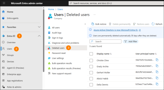 Opening the list of recently deleted users in the Microsoft Entra admin center.