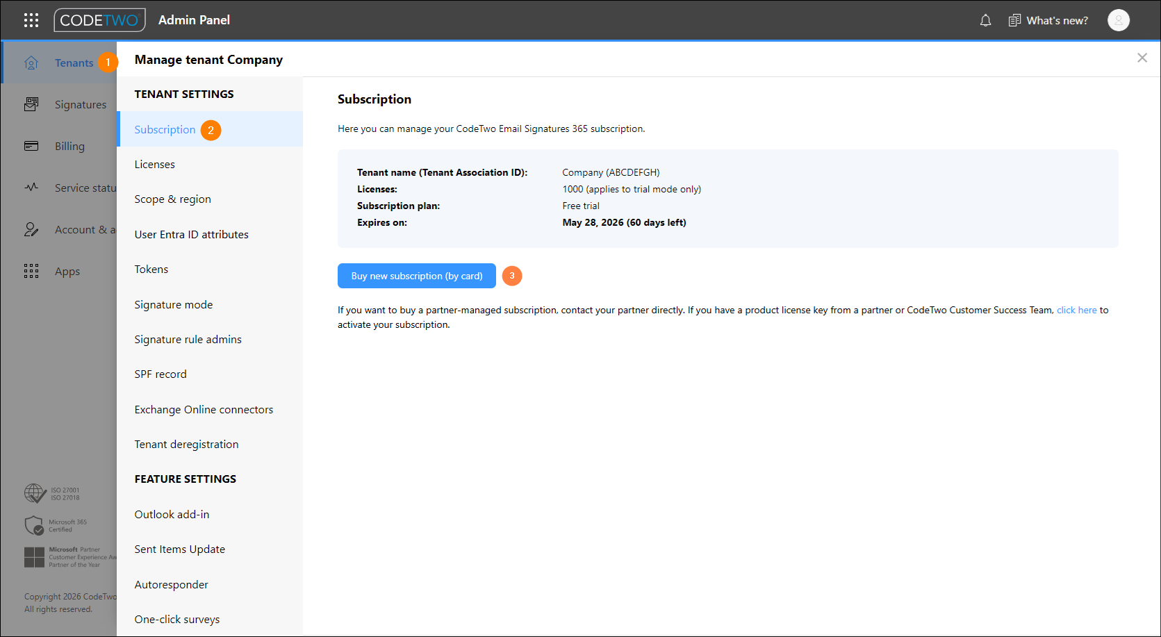 Purchasing a CodeTwo Email Signatures 365 subscription.
