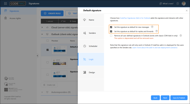 Select these options if you want the default signature template to be automatically added in Outlook and OWA to all new messages.