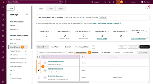 Accessing permission settings in HubSpot.