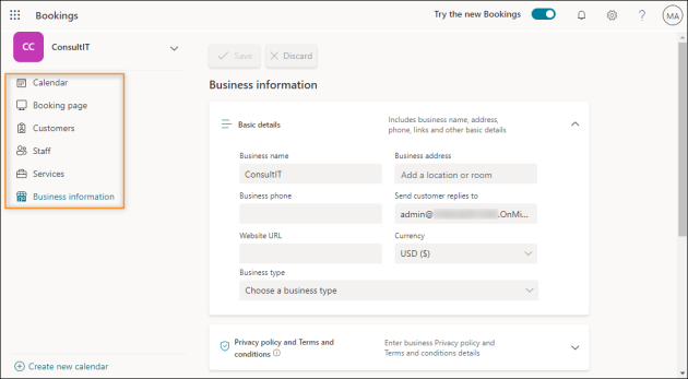 Company-wide booking page dashboard with the main menu on the left.