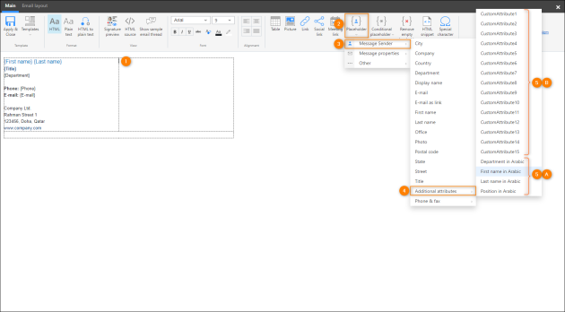 Inserting custom attributes (5A – CodeTwo, 5B – Exchange Online) that store user details in the second language.