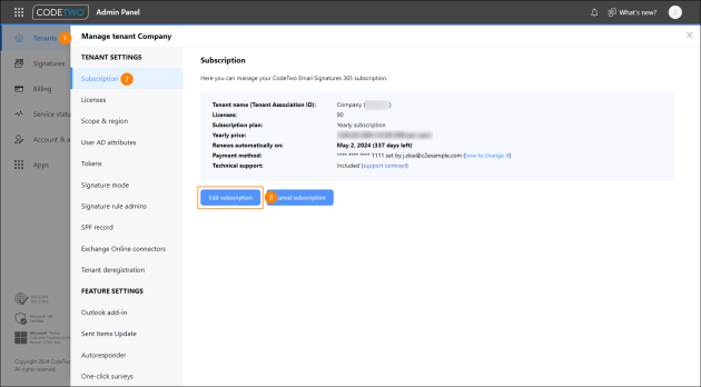 Opening the subscription editing wizard
