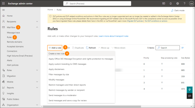 Creating a new mail flow rule in the Exchange admin center.