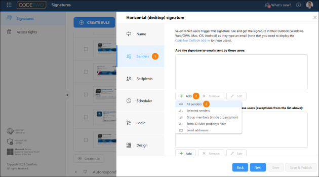 Using the All senders option for the default company signature in the rule editing pane.