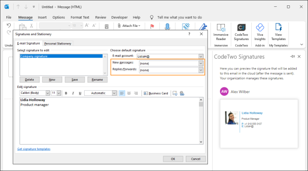 Default Outlook signatures disabled by the Web Add-in (cloud mode).