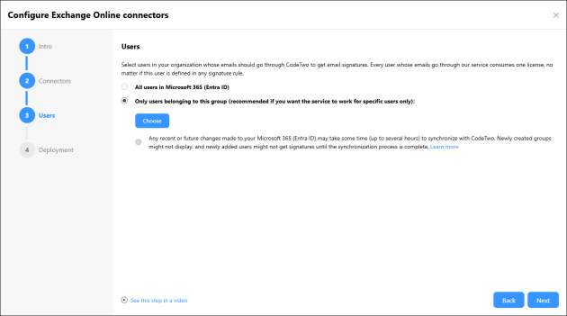 Configuring the scope of users whose emails will be routed through the CodeTwo service.