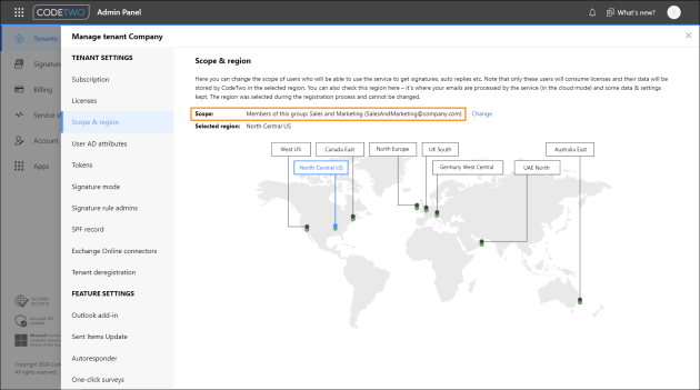 The scope of users who can benefit from the CodeTwo service (in this example, the scope is limited to a group).