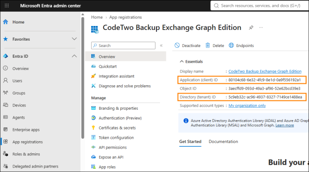 The client and tenant ID assigned to CodeTwo Backup in Entra ID.