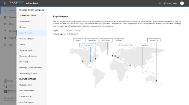 The Scope & region page in CodeTwo Admin Panel.