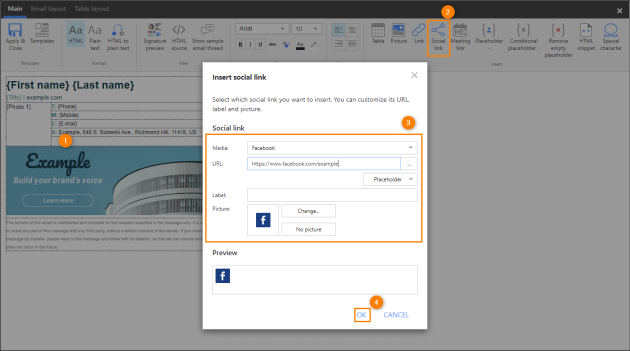 Adding a social media button to the signature template.