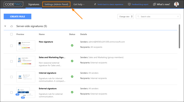 Accessing CodeTwo Admin Panel from the signature management app.